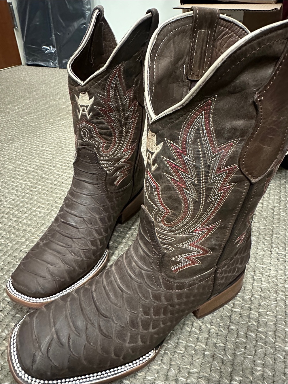 Brown Embossed Western Cowboy Boots with Red Stitching